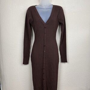 Stelen Chocolate Brown Ribbed Knit Bodycon Midi Dress Faux Button Slit Sz S